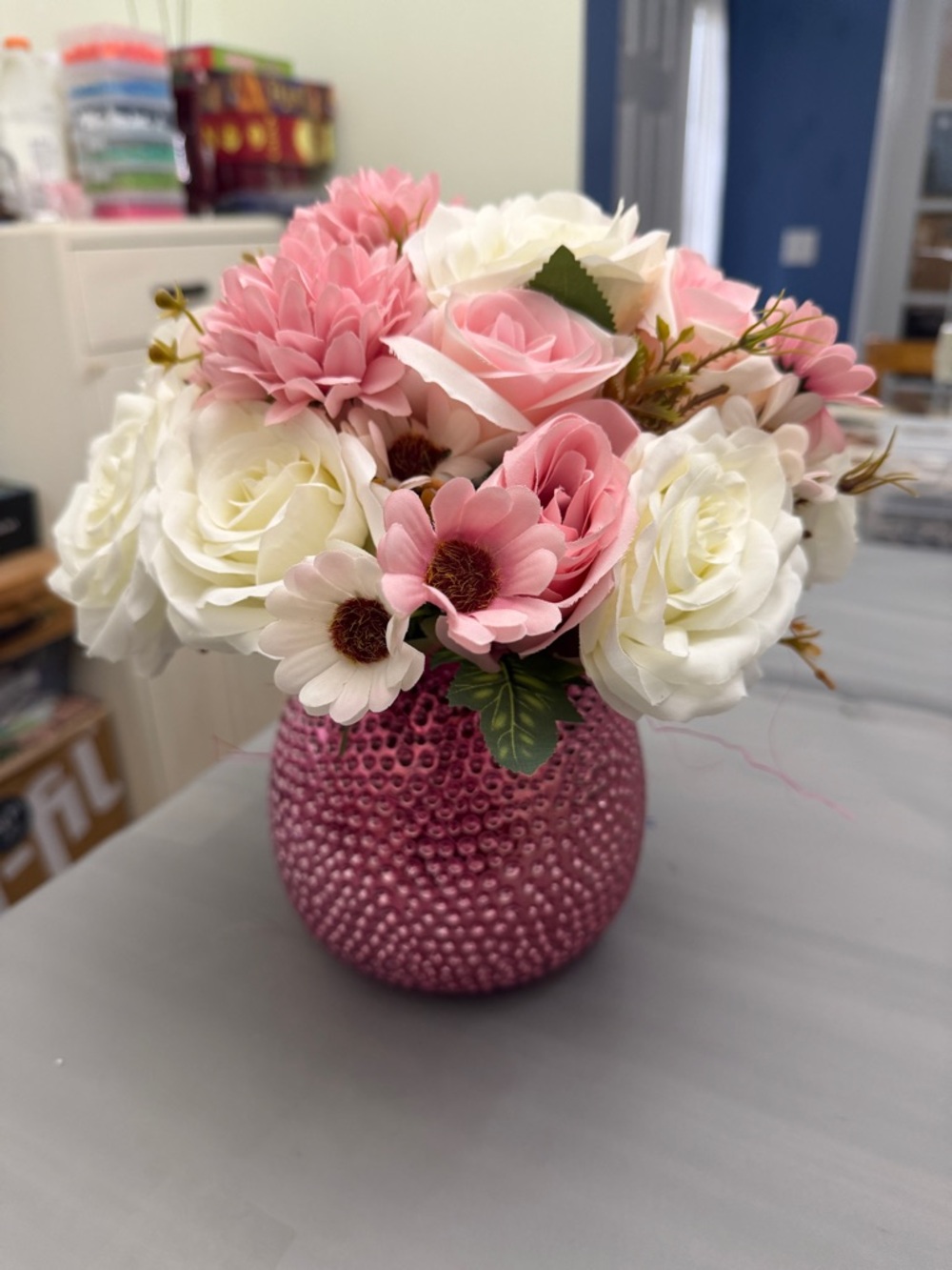 Pink and White Artificial Floral Arrangement in Pink Textured Vase
